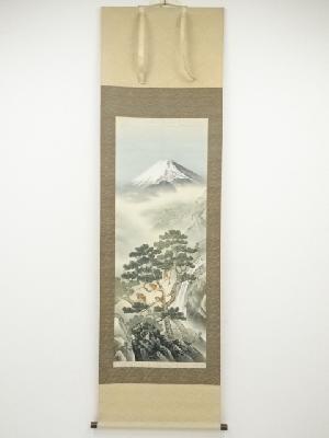 彩雲筆　富士に五猿　肉筆絹本掛軸（共箱）